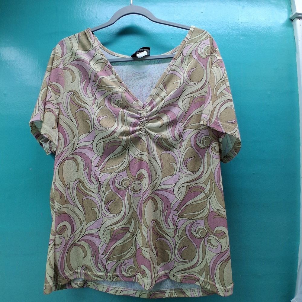 ACW Design Ruched V-Neck Top XL Mauve Tan Swirl Abstract Boho Retro Made in USA